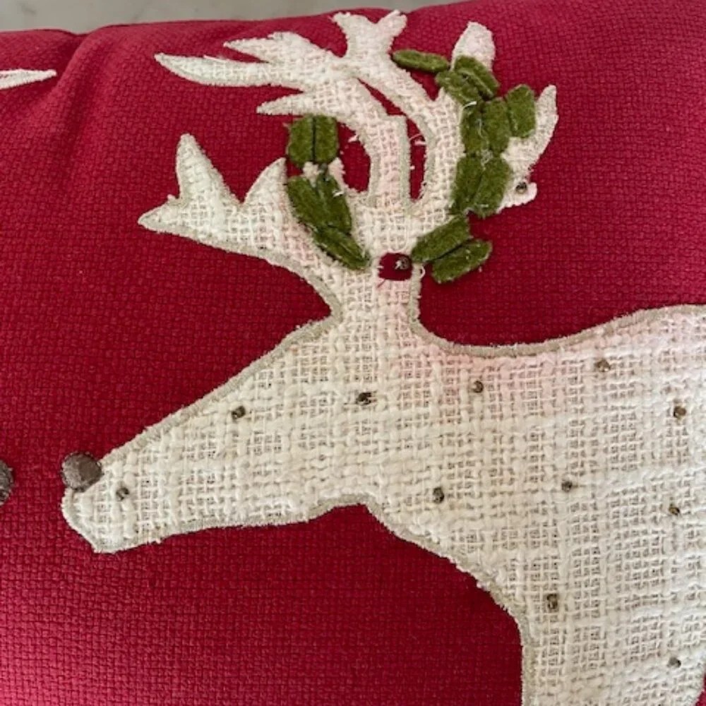 PIER 1 Reindeer Antler Wreath Applique Fringe Lumbar Pillow Red Rectangle